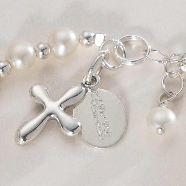 Luxury Girls Name Bracelet with Cross & Freshwater Pearls
